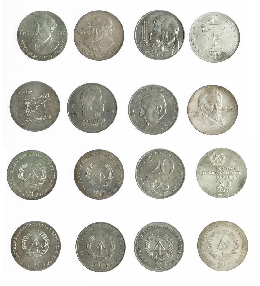 810   -  MONEDAS EXTRANJERAS. ALEMANIA Y ESTADOS ALEMANES. Lote de 8 monedas de 20 marcos diferentes: 1971, 1972, 1973, 1974, 1975, 1976, 1979 y 1980. SC.