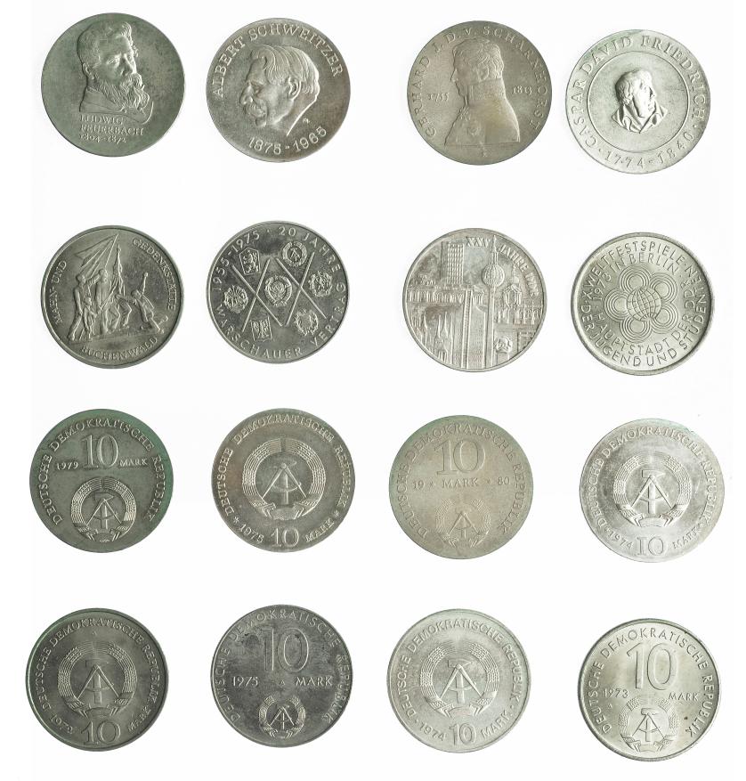 811   -  MONEDAS EXTRANJERAS. ALEMANIA Y ESTADOS ALEMANES. Lote de 8 monedas de 10 marcos. 1972-1979. SC.