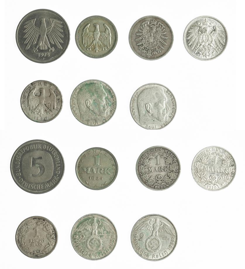 812   -  MONEDAS EXTRANJERAS. ALEMANIA Y ESTADOS ALEMANES. Lote de 7 monedas, varios valores, 1910, 1924, 1975, 1875, 1926, 1938 y 1937. MBC-/SC.