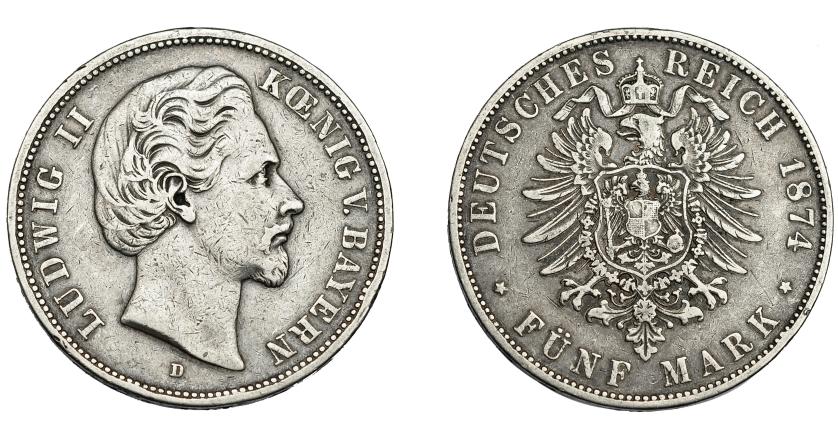 819   -  MONEDAS EXTRANJERAS. ALEMANIA Y ESTADOS ALEMANES. Baviera. Luis II.  5 marcos. 1874. KM-502.085. MBC-.