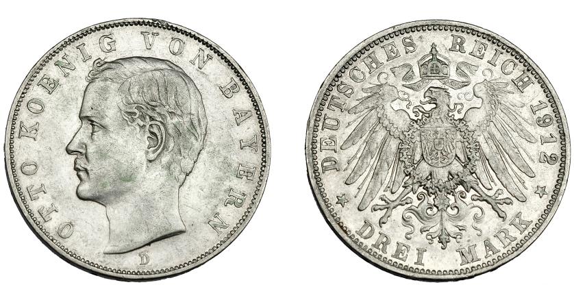 821   -  MONEDAS EXTRANJERAS. ALEMANIA Y ESTADOS ALEMANES. Baviera. 3 marcos. 1912. D. KM-515.MBC/MBC+.