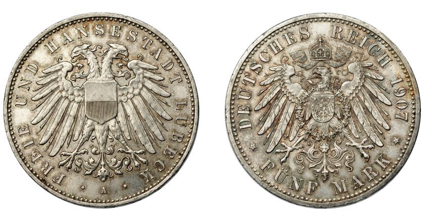 825   -  MONEDAS EXTRANJERAS. ALEMANIA Y ESTADOS ALEMANES. Lübeck (ciudad libre). 5 marcos. 1907A. KM-213. EBC/EBC+. Muy escasa.