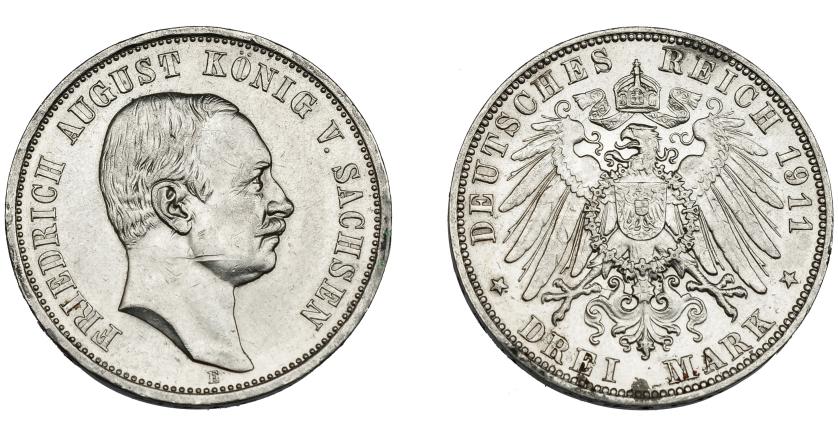 834   -  MONEDAS EXTRANJERAS. ALEMANIA Y ESTADOS ALEMANES. Sajonia. Federico Augusto III. 3 marcos. 1911. KM-1267. Y-194. Raya en anv. y golpecitos. MBC+.