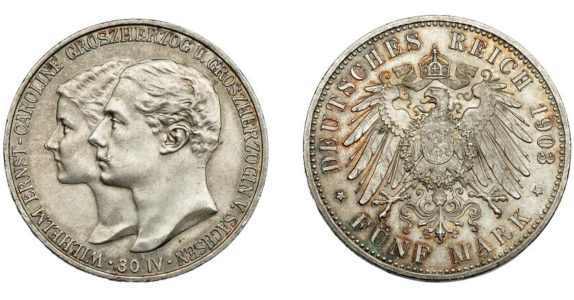 836   -  MONEDAS EXTRANJERAS. ALEMANIA Y ESTADOS ALEMANES. Sajonia-Weimar-Eisenach. 5 marcos. 1903 A. KM-173. EBC/EBC+.