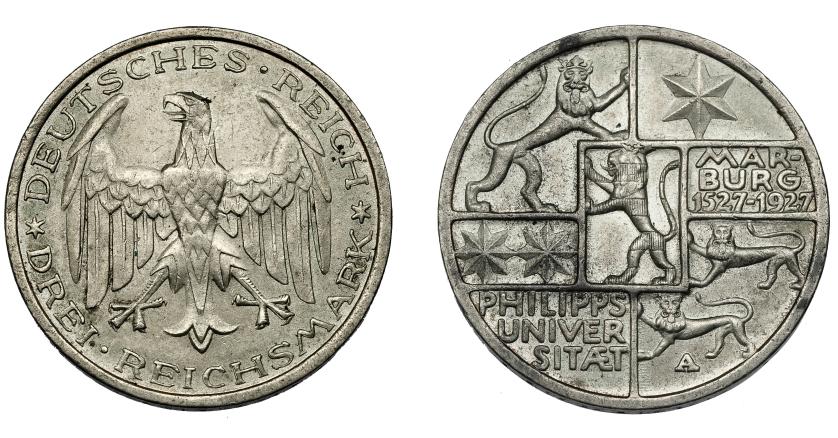 843   -  MONEDAS EXTRANJERAS. ALEMANIA Y ESTADOS ALEMANES. 3 marcos. 1927 A. KM-53. EBC-.