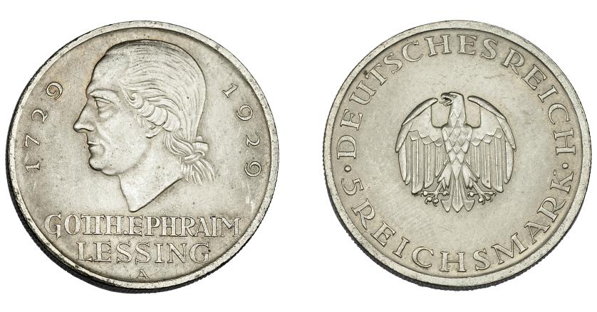 846   -  MONEDAS EXTRANJERAS. ALEMANIA Y ESTADOS ALEMANES. República de Weimar. 5 marcos. 1929 A. KM-61. Rayita en anv. EBC.