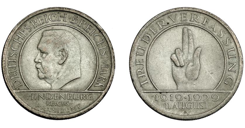 847   -  MONEDAS EXTRANJERAS. ALEMANIA Y ESTADOS ALEMANES. República de Weimar. 5 marcos. 1929. KM-64. Y-661. MBC+.