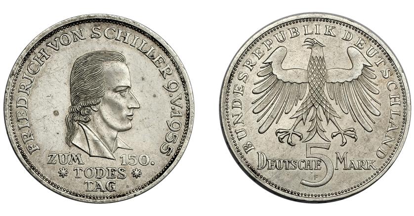 851   -  MONEDAS EXTRANJERAS. ALEMANIA Y ESTADOS ALEMANES. 5 marcos. 1955-F. KM-114. EBC+.