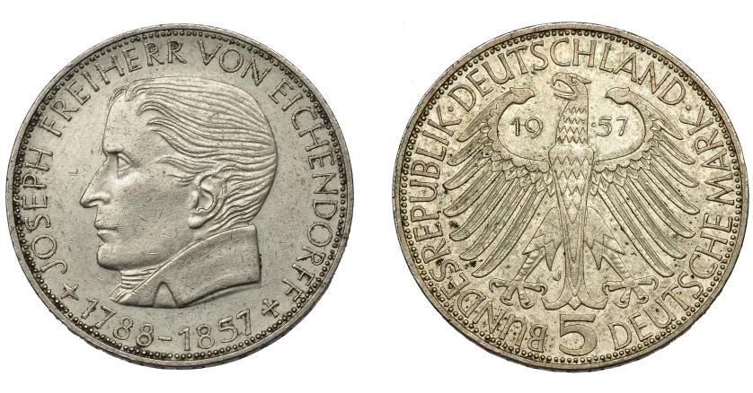 853   -  MONEDAS EXTRANJERAS. ALEMANIA Y ESTADOS ALEMANES. 5 marcos. 1957. KM-117. EBC-. Muy escasa.