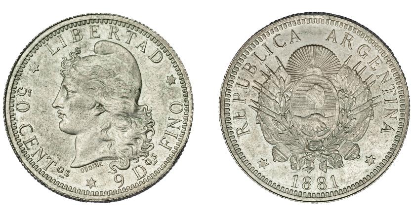 856   -  MONEDAS EXTRANJERAS. ARGENTINA. 50 centavos. 1881. KM-26. Mínimos golpes. EBC+. Muy rara.
