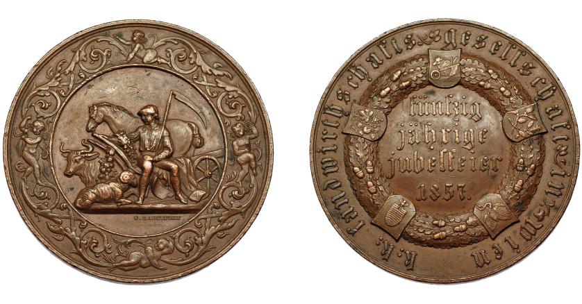 859   -  MONEDAS EXTRANJERAS. AUSTRIA. Medalla. 50 aniversario de la Sociedad Agrícola de Viena. 1857. Grabador C. Ratnizky. AE 67,5 mm. EBC.