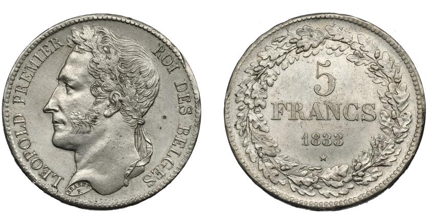 860   -  MONEDAS EXTRANJERAS. BÉLGICA. 5 francos. 1833. KM-3.1. EBC. Escasa.
