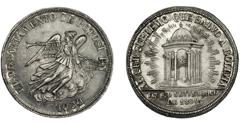 861   -  MONEDAS EXTRANJERAS. BOLIVIA. Medalla. "Al ser supremo que salvó a Bolivia. El departamento de Potosí". AR-36 mm. Rayas en rev. EBC+.