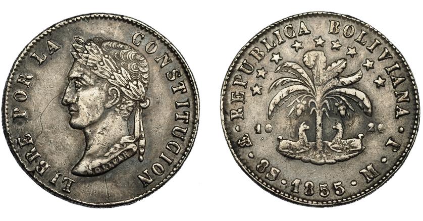 863   -  MONEDAS EXTRANJERAS. BOLIVIA. 8 soles. 1855. Potosí. MJ. KM-112.2. MBC.