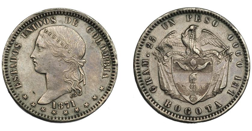 870   -  MONEDAS EXTRANJERAS. COLOMBIA. 1 peso. 1871. Bogotá. KM-142.1. MBC+. Rara.