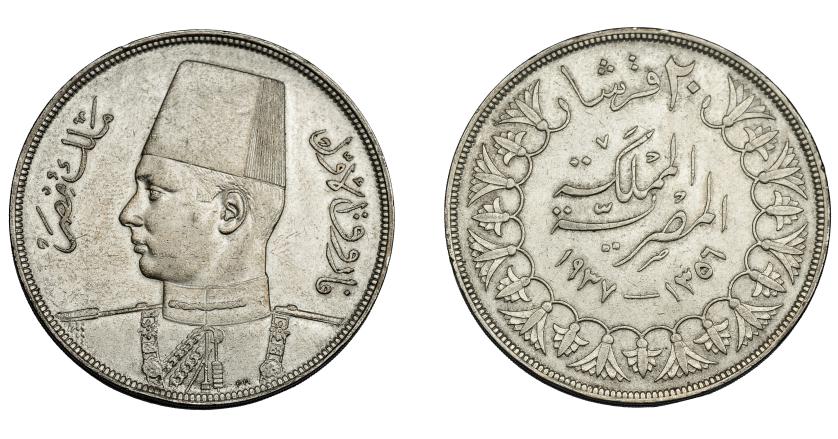 883   -  MONEDAS EXTRANJERAS. EGIPTO. 20 piastras. H-1356/1937. KM-368. Golpecitos en anv. EBC-.