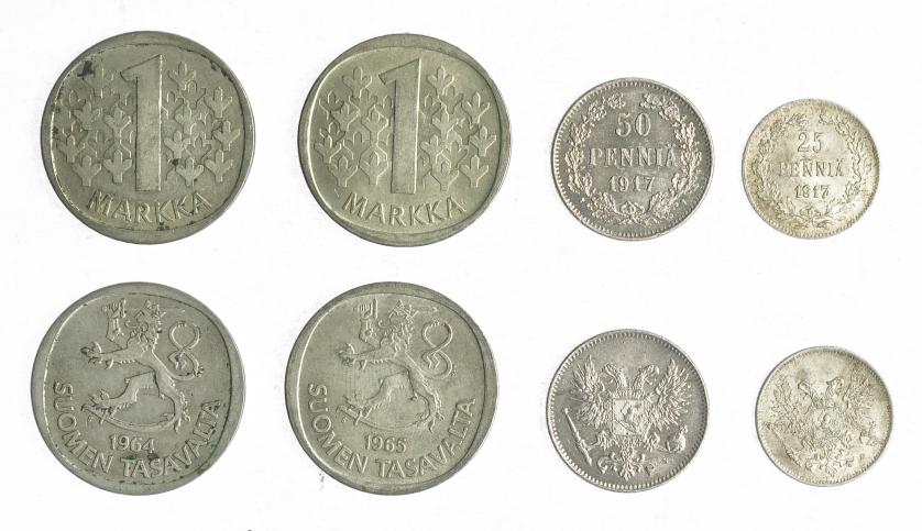 898   -  MONEDAS EXTRANJERAS. FINLANDIA. lote de 4 piezas: Markka (2: 1963 y 65), 50 y 25 penniä 1917. MBC+/SC.
