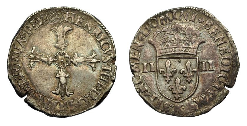 909   -  MONEDAS EXTRANJERAS. FRANCIA. Enrique IV. 1/4 de escudo. K. Fecha no visible por repinte. Cospel abierto. MBC.