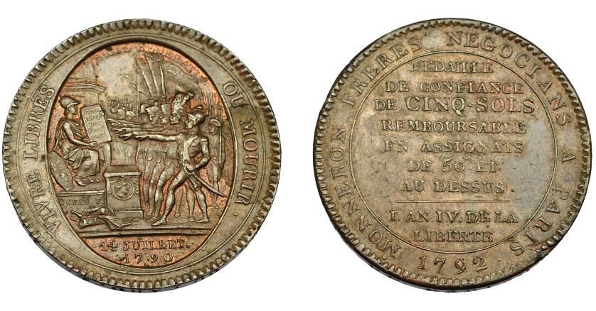 910   -  MONEDAS EXTRANJERAS. FRANCIA. 5 soles. 1792. L'AN IV DE LA LIBERTÈ. VIVRE LIBRES OU MOURIR. KM-Tn31. Pequeñas marcas. MBC+/EBC-.