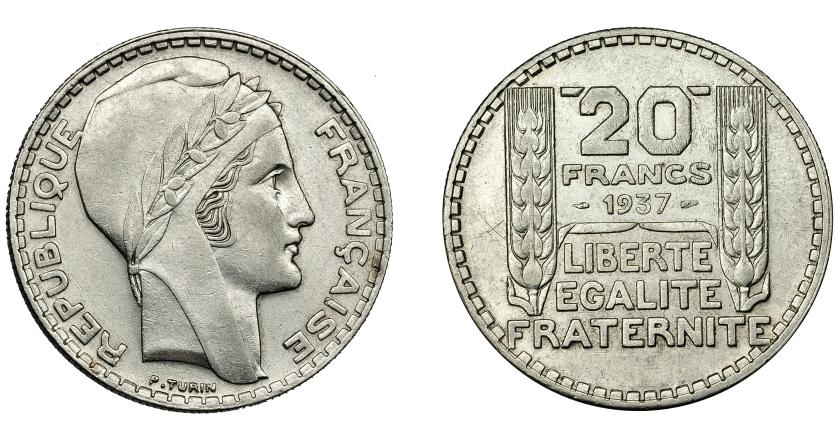 921   -  MONEDAS EXTRANJERAS. FRANCIA. 20 francos. 1937. KM-879. Rayitas. EBC-.