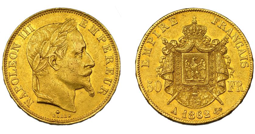 922   -  MONEDAS EXTRANJERAS. FRANCIA. 50 francos. 1862. A. KM-804-1-024. Pequeñas marcas. MBC+.