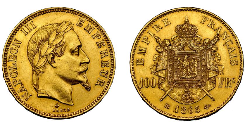 923   -  MONEDAS EXTRANJERAS. FRANCIA. 100 francos. 1863. BB. KM-802.2. Limpiada. MBC+.