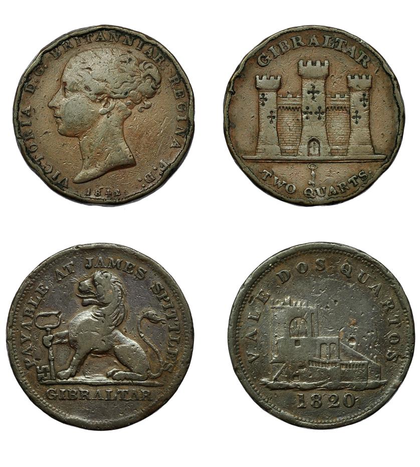 925   -  MONEDAS EXTRANJERAS. GIBRALTAR. Lote de 2 piezas de cobre de 2 cuartos. 1820 y 1842. KM-3 y KM-Tn9. golpes. BC+.