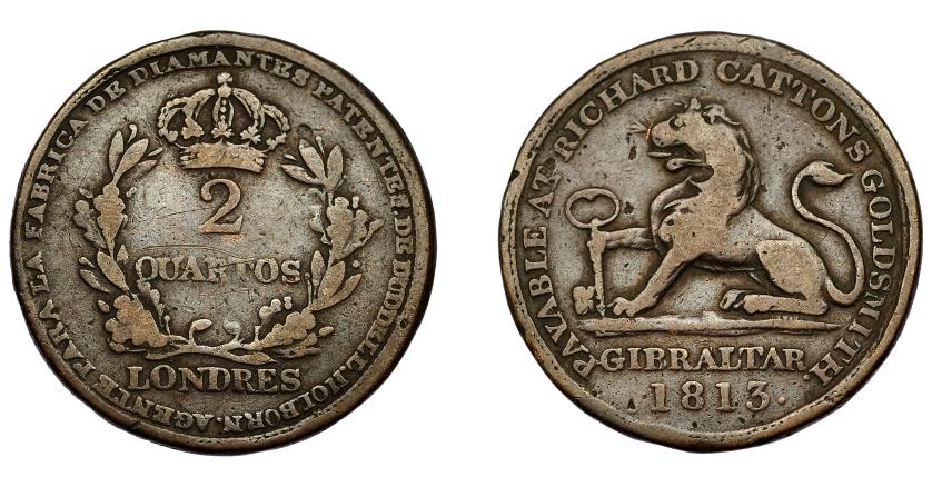 926   -  MONEDAS EXTRANJERAS. GIBRALTAR. 2 quartos. 1813. AE 28 mm. KM-Tu6. BC+.