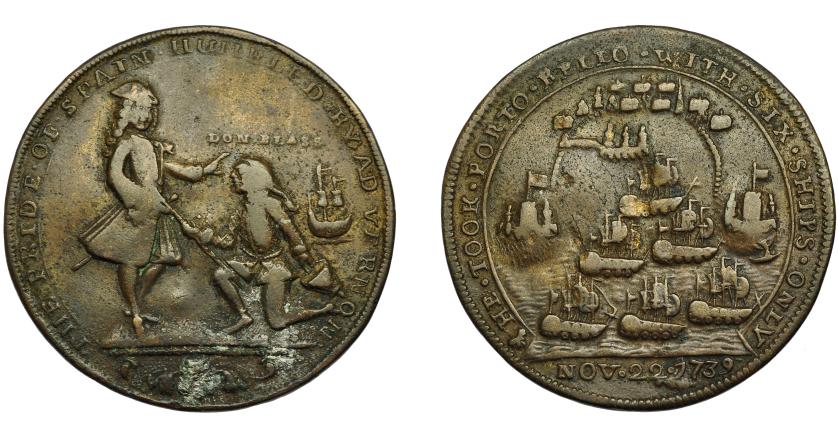 927   -  MONEDAS EXTRANJERAS. GRAN BRETAÑA. Medalla Vernon. Toma de Portobello. 1739. DON BLASS en anv. AE 38 mm. MBC-.
