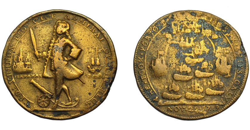928   -  MONEDAS EXTRANJERAS. GRAN BRETAÑA. Medalla Vernon. Toma de Portobello. 1739. HAVANA en anv. AE 37 mm- Oxidaciones. BC+/BC.