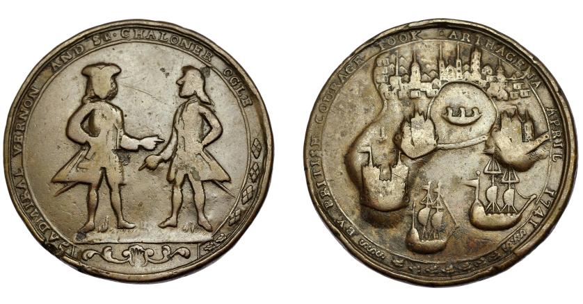 929   -  MONEDAS EXTRANJERAS. GRAN BRETAÑA. Medalla Vernon. Toma de Cartagena. 1741. AE 36,5 mm. Golpe en gráfila. BC+.