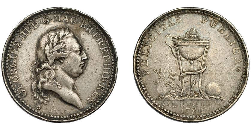 930   -  MONEDAS EXTRANJERAS. GRAN BRETAÑA. Token. 1789. Módulo penique en metal blanco (metal de Barton). Conmemora la recuperación del rey de una enfermedad. Firma PROZ. 34,5 mm. Pequeñas marcas. MBC.