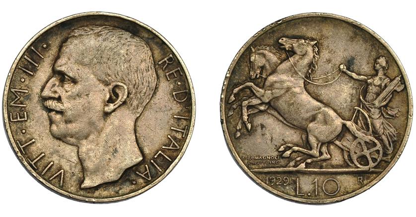 943   -  MONEDAS EXTRANJERAS. ITALIA Y ESTADOS ITALIANOS. 10 liras. 1929. R. KM-68.1. Pequeñas marcas. MBC.