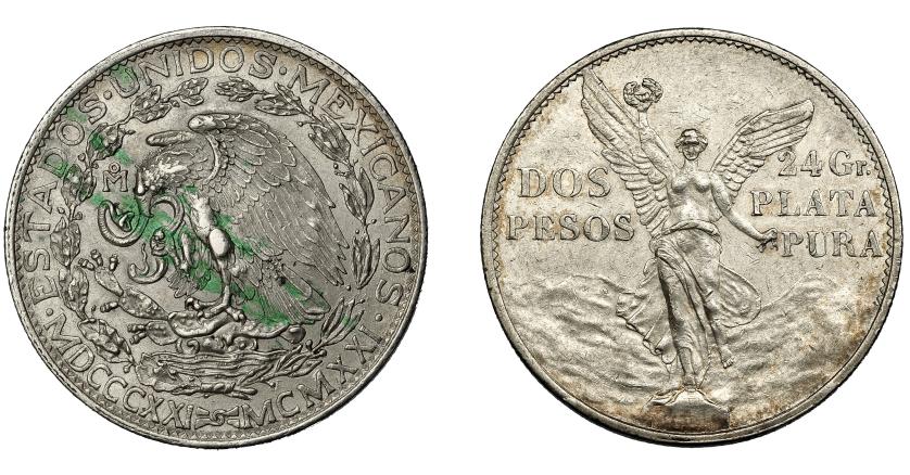 956   -  MONEDAS EXTRANJERAS. MÉXICO. 2 pesos. 1921. KM-462. MBC+. Mancha de óxido. 