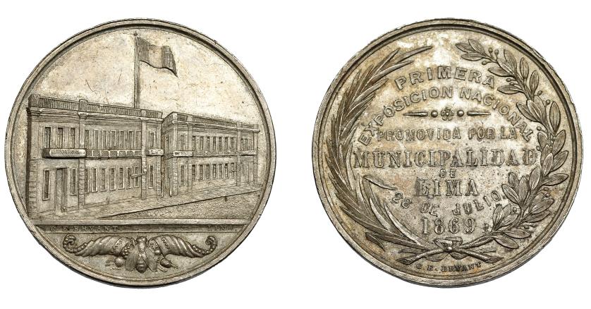 963   -  MONEDAS EXTRANJERAS. PERÚ. Medalla de la primera Exposición Nacional. Lima. 1869. SR.C.E. BRYANT. AR 37 mm. EBC.