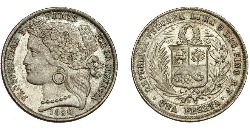 964   -  MONEDAS EXTRANJERAS. PERÚ. 1 peseta. Lima. B. F. PROSPERIDAD Y PODER POR LA JUSTICIA. KM-200.2. R.B.O. EBC+.