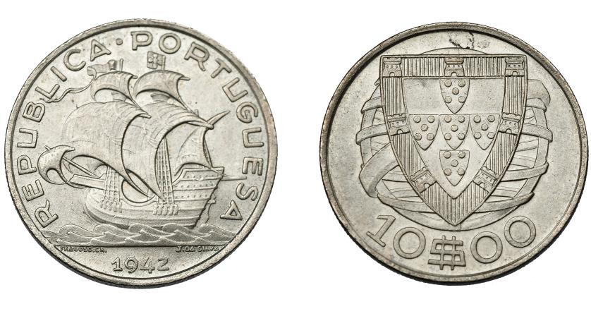 972   -  MONEDAS EXTRANJERAS. PORTUGAL. 10 escudos. 1942. Gomes 43.06. KM-582. R.B.O. EBC. Rara.