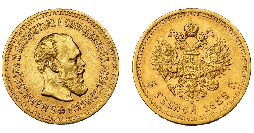 979   -  MONEDAS EXTRANJERAS. RUSIA. Alejandro III. 5 rublos. 1888. San Petersburgo. KM-42. MBC+/EBC-.