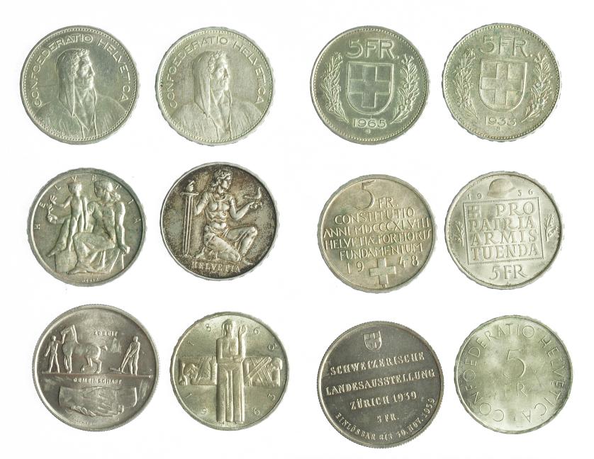 987   -  MONEDAS EXTRANJERAS. SUIZA. Lote de 6 monedas de 5 francos. 1933-1965. EBC+/SC.