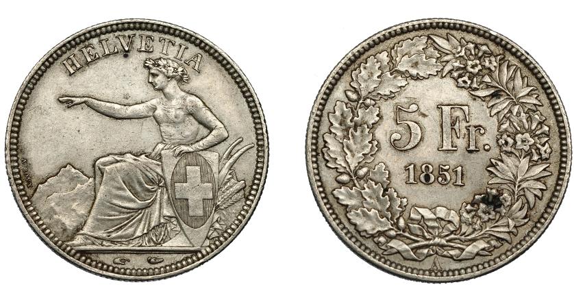 990   -  MONEDAS EXTRANJERAS. SUIZA. 5 francos. 1851-A. KM-11. MBC.