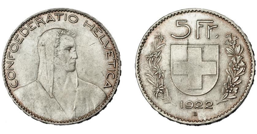 991   -  MONEDAS EXTRANJERAS. SUIZA. 5 francos. 1922 B. KM-37. R.B.O. EBC.