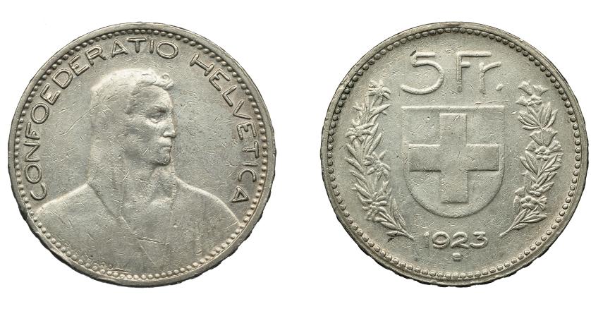 992   -  MONEDAS EXTRANJERAS. SUIZA. 5 francos. 1923. KM-38. MBC-. Escasa.