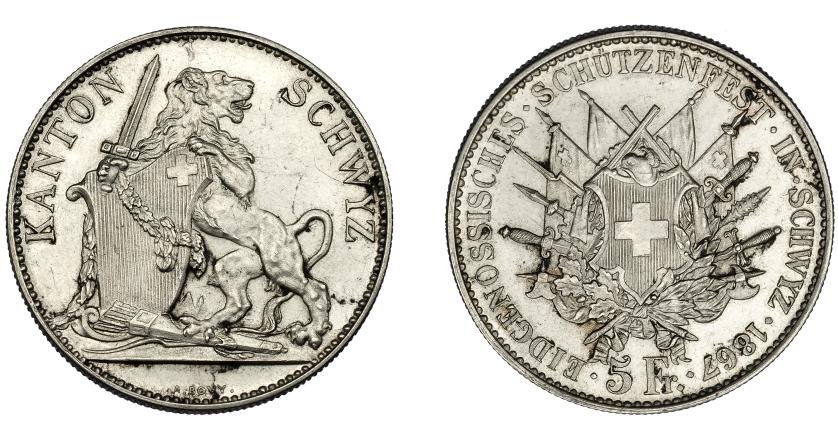 993   -  MONEDAS EXTRANJERAS. SUIZA. 5 francos. 1867. Tiro. Schwyz. Manchitas. EBC.
