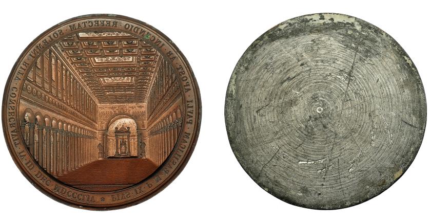 999   -  MONEDAS EXTRANJERAS. VATICANO. PÍO IX. Medalla reconstrucción de la basílica de S. Pablo. 1854. BIANCHI. 81,5 mm. Prueba unifaz del rev. realizada con la matriz (se obtiene un negativo) sobre lámina de cobre rellenada con plomo para darle consistencia. EBC. Muy interesante.