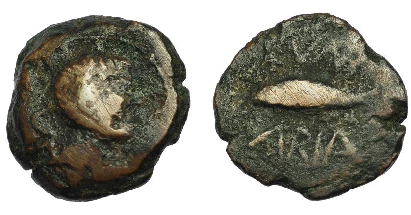 328   -  CUMBARIA. Semis. A/ Cabeza masculina a der., detrás delfín. R/ Atún a izq., CVNB/ARIA. AE7,77 g. 20,6 mm. I-880. ACIP-2620. BC/BC+.