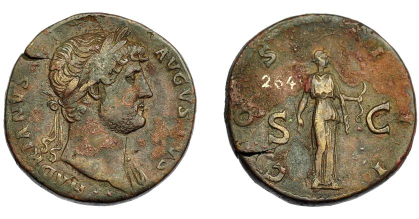351   -  ADRIANO. Sestercio. R/ Diana a der., con arco y flechas, en ley. COS III SC.