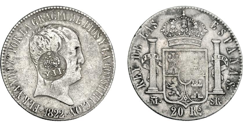 1000   -  COLECCIÓN DE RESELLOS. FILIPINAS. 8 reales. Resello Y. II coronado sobre 20 reales 1822 Madrid SR. KM-no. MBC-/MBC.