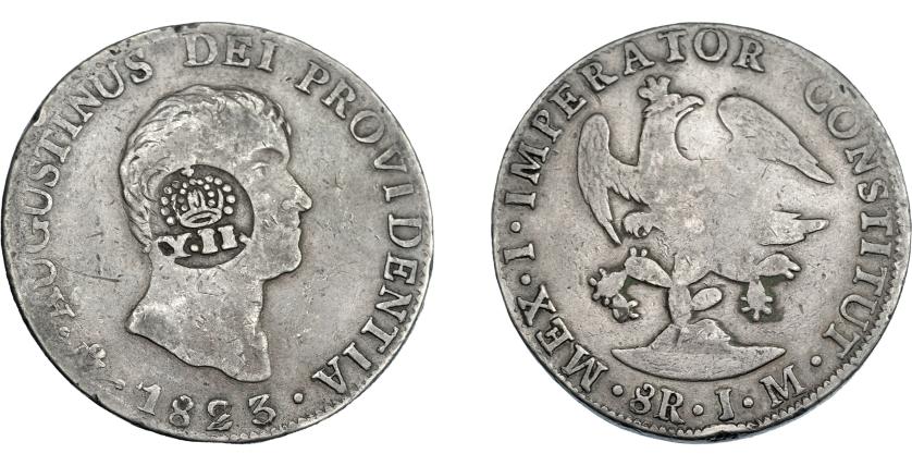 1001   -  COLECCIÓN DE RESELLOS. FILIPINAS. 8 reales. Resello Y. II coronado sobre 8 reales 1823 México JM. KM-127. MBC-.