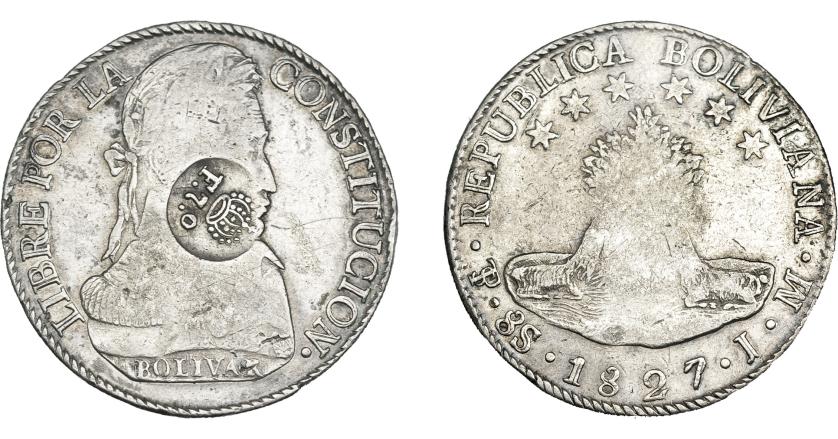 1002   -  COLECCIÓN DE RESELLOS. FILIPINAS. 8 reales. Resello F 7º coronado sobre 8 soles 1827 Potosí JM. KM-51. MBC-/MBC.