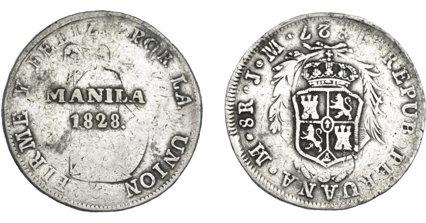1003   -  COLECCIÓN DE RESELLOS. FERNANDO VII. 8 reales. Resello Manila 1828 sobre 8 reales 1827 Lima JM. VI-1079. KM-24. MBC-.